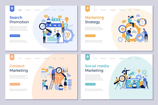 Business landing pages. Marketing website design layout template people promotion modern vector pictures. Social media marketing, content optimization illustration