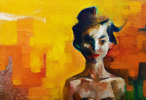 Fashionable illustration modern art work my original oil painting on canvas in impressionism style summer portrait of a girl of Asian appearance with black long hair on a bright orange background