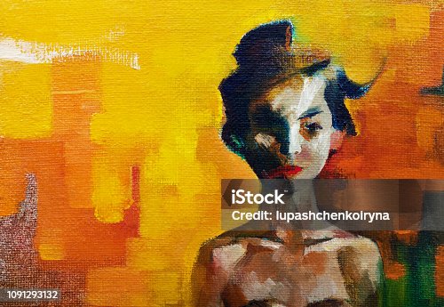 istock Fashionable illustration modern art work my original oil painting on canvas in impressionism style summer portrait of a girl of Asian appearance with black long hai 1091293132