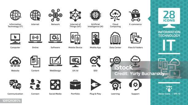 Information Technology Glyph Icon Set With It Network System Global Internet Data Center Communication Web Site Social Media Seo Business Ecommerce Support Computer And Mobile Device Sign Stock Illustration - Download Image Now
