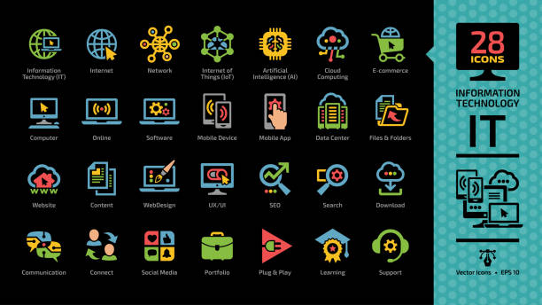 kolorowa ikona glifów technologii informatycznych ustawiona na czarnym tle z systemem informatycznym, internetem rzeczy, sztuczną inteligencją, chmurą obliczeniową, piktogramem e-commerce - multi colored business network server it support stock illustrations