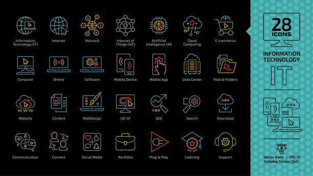 Information technology color editable stroke outline icon set on a black background with IT network communication computer tech system, internet of things, e-commerce, website and more info symbols. Information technology color editable stroke outline icon set on a black background with IT network communication computer tech system, internet of things, e-commerce, website and more info symbols. symbol icon set business downloading stock illustrations