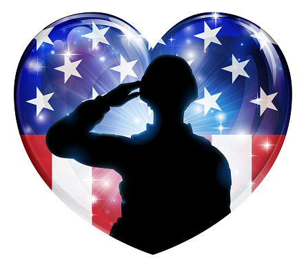 A patriotic soldier saluting in an American flag heart background