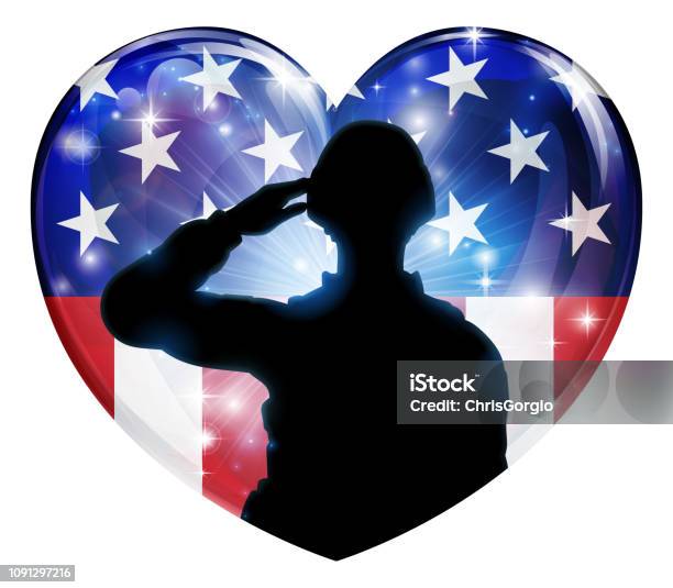 Patriotic Soldier Saluting American Flag Heart Stock Illustration - Download Image Now - Military, Heart Shape, Love - Emotion