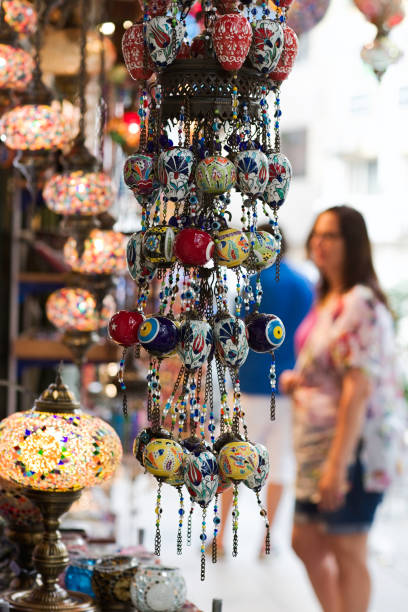 Istanbul, Turkey - September 13, 2015: Exterior view of tourists in front of an Turkish gift shop.
