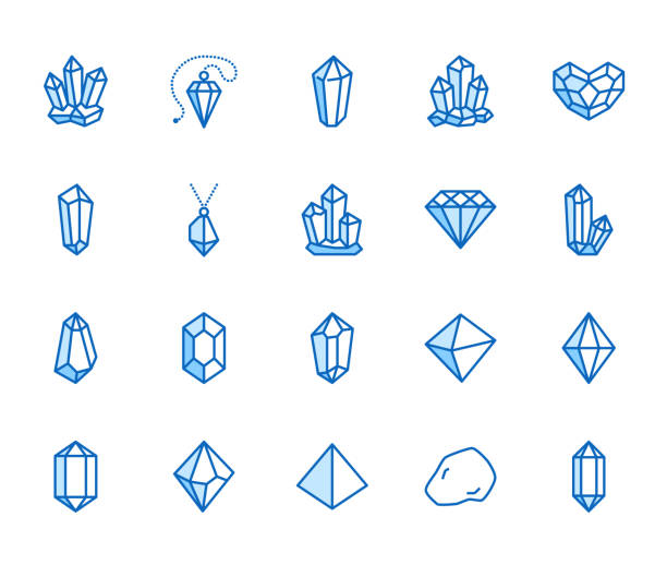 kristalle flache linie icons set. mineralisches gestein, raute, salz, abstrakte edelstein, magischen kristall-vektor-illustrationen. dünne anzeichen für geologie oder schmuck shop. pixel perfect 64 x 64. editierbare striche - mineral stock-grafiken, -clipart, -cartoons und -symbole