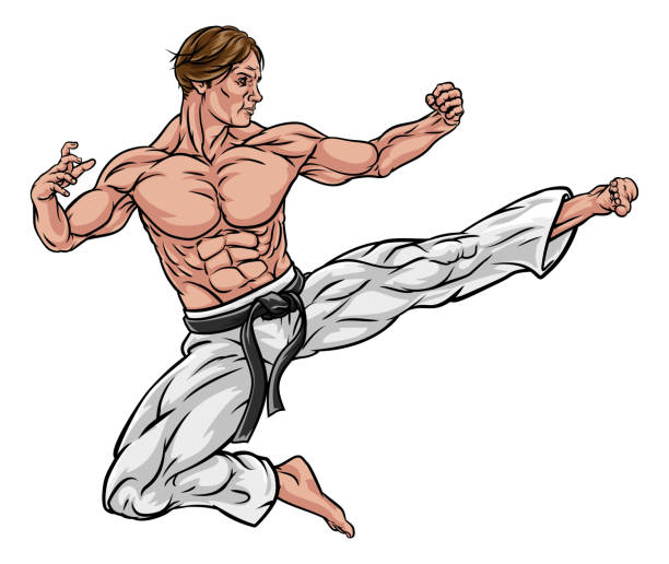 illustrazioni stock, clip art, cartoni animati e icone di tendenza di karate o kung fu flying kick - kicking tae kwon do martial arts flying