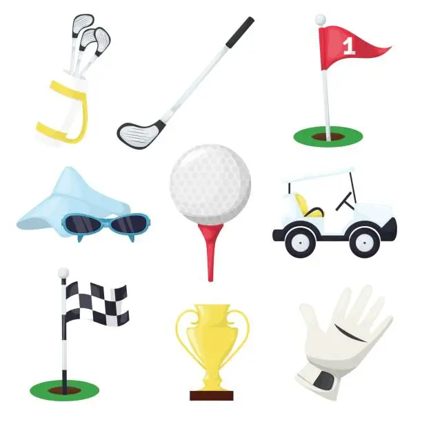Vector illustration of Golf sport equipment club stick, ball and hole on tee or cart car on green course for championship or tournament vector illustration.