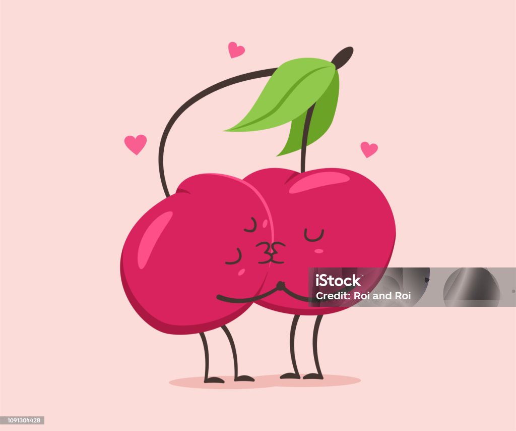 Şirin kiraz çift öpüşme. Sevgililer günü vektör arka plan üzerinde izole komik meyve karakter karikatür. - Royalty-free Öpmek Vector Art