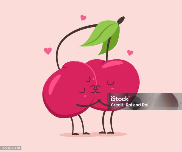 Şirin Kiraz Çift Öpüşme Sevgililer Günü Vektör Arka Plan Üzerinde Izole Komik Meyve Karakter Karikatür Stok Vektör Sanatı & Öpmek‘nin Daha Fazla Görseli