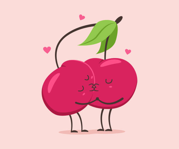 可愛的櫻桃夫婦接吻。情人節向量卡通搞笑水果角色孤立的背景。 - cherry valentine 幅插畫檔、美工圖案、卡通及圖標