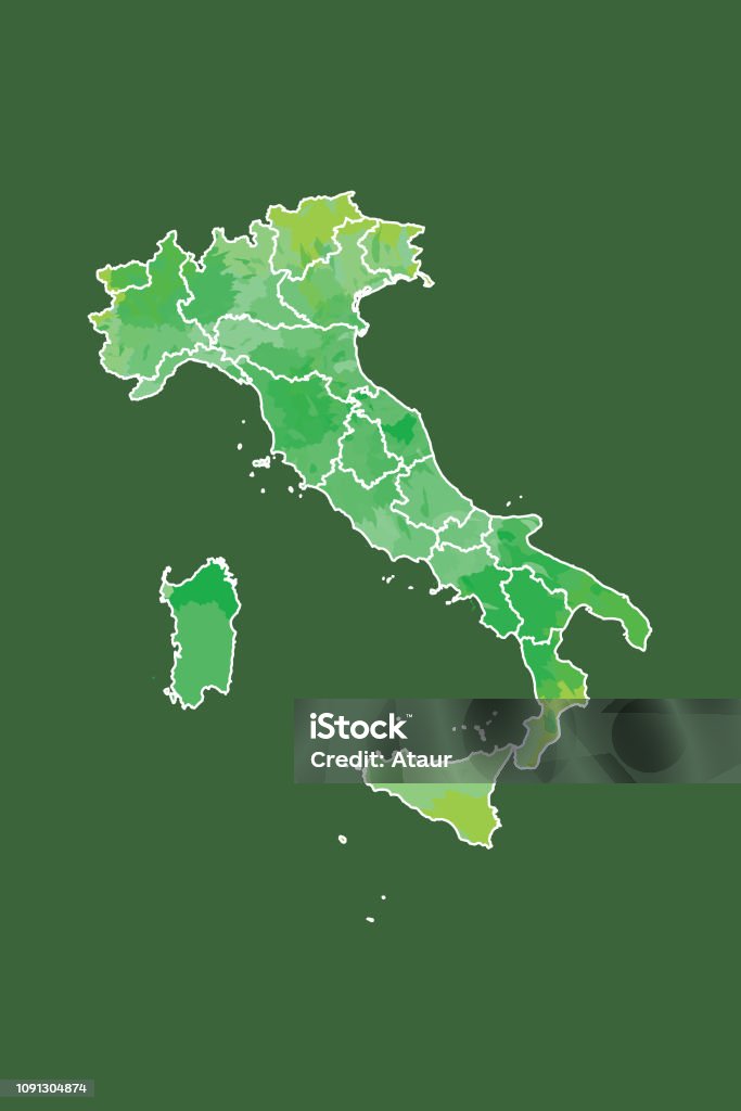 Italy watercolor map vector illustration in green color with border lines of different regions on dark background using paint brush on page Italy watercolor map vector illustration in green color with border lines of different regions on dark background using paint brush Abstract stock vector