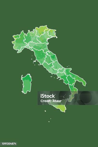 Italy Watercolor Map Vector Illustration In Green Color With Border Lines Of Different Regions On Dark Background Using Paint Brush On Page Stock Illustration - Download Image Now