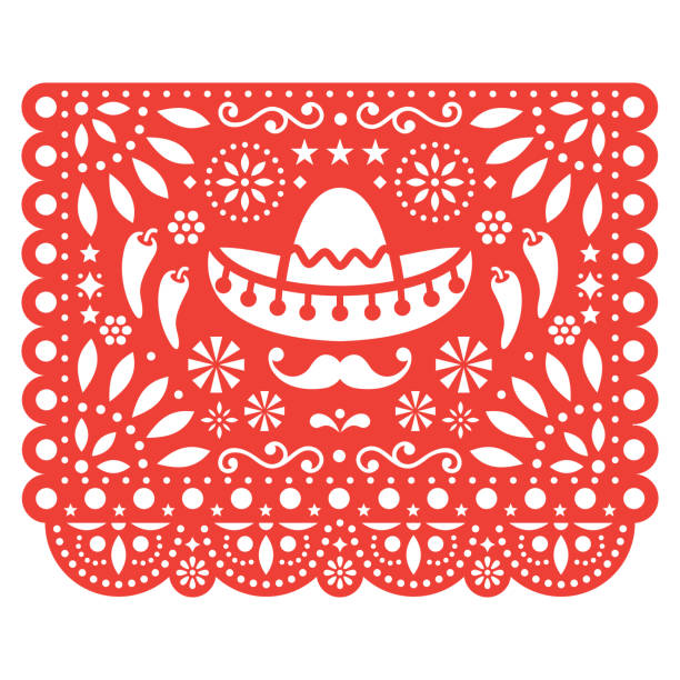 ilustrações de stock, clip art, desenhos animados e ícones de papel picado vector floral design with sombrero and chili peppers, mexican paper decorations template in orange, traditional fiesta banner - clipping path wedding invitation invitation message