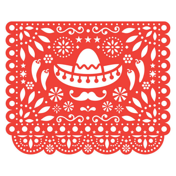 Papel Picado vector floral design with sombrero and chili peppers, Mexican paper decorations template in orange, traditional fiesta banner Folk art, retro ornament form Mexico, cut out composition with flowers and abstract shapes isolated on white papel picado illustrations stock illustrations