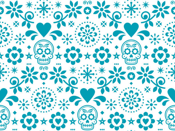 zucker schädel vektor musterdesign inspiriert von mexikanischen volkskunst, dia de los muertos repetitive design in türkis auf weißem hintergrund - sugar skull stock-grafiken, -clipart, -cartoons und -symbole