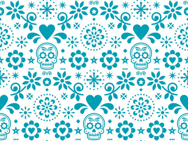 설탕 두개골 벡터 원활한 패턴 멕시코 민속 예술, 흰색 바탕에 청록색에 디 아 드 로스 안 돼 반복적인 디자인에 의해 영감 을된 - sugar skull stock illustrations
