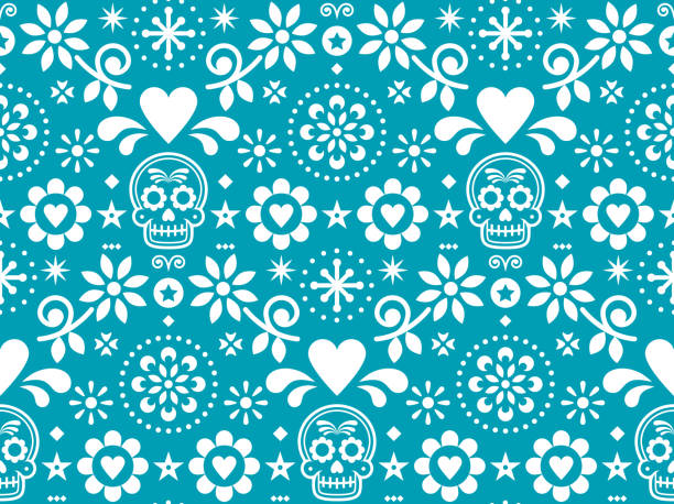 砂糖頭蓋骨ベクトル シームレス パターン メキシコ民芸、青緑色の背景に白で dia デ ロス ムエルトス反復的なデザインに触発さ - catrina点のイラスト素材／クリップアート素材／マンガ素材／アイコン素材