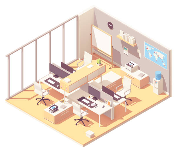 Vector Isometric office with cubicle Vector isometric corporate office interior. Office furniture, cubicle desk, desktop computer with monitors, printer, water cooler, flip chart, world map with pins, stationery corporate office cubicle stock illustrations
