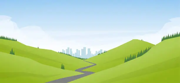 Vector illustration of Vector illustration: Flat cartoon Landscape with road leading through the hills to the city or metropolis.