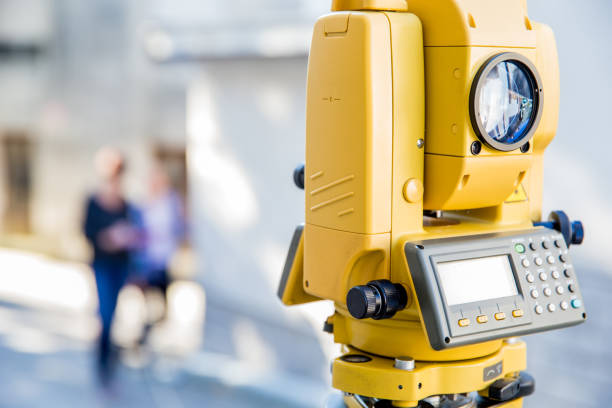 Theodolite measuring tool in urban scene.
