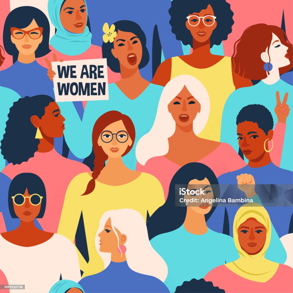 Female diverse faces of different ethnicity seamless pattern. Women empowerment movement pattern. International women´s day vector. Female diverse faces of different ethnicity seamless pattern. Women empowerment movement pattern. International women´s day graphic in vector. Women stock vector