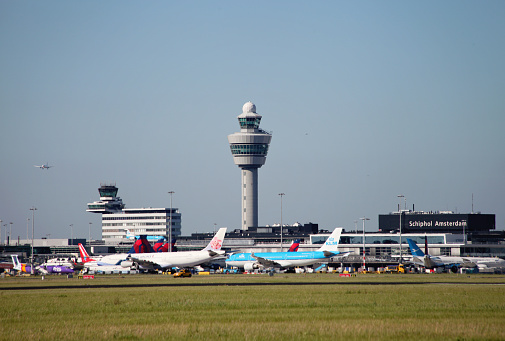 Amsterdam, Netherlands - 08 17 2016: Airport Amsterdam Schiphol is the main international airport of the Netherlands. Schiphol is the fifth busiest airport in Europe in terms of passengers.