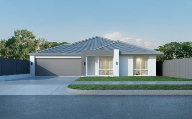 blick auf moderne haus im australischen stil auf blauen himmelshintergrund, modernen residenz design. 3d-rendering. - gebäudefront stock-fotos und bilder