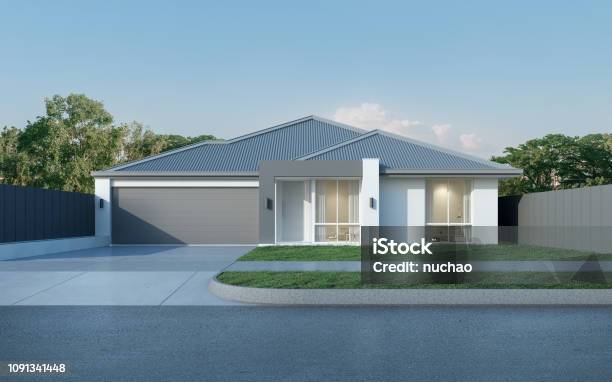 Foto de Vista Da Casa Moderna Em Estilo Australiano Sobre Fundo De Céu Azul Projeto Residência Contemporânea Renderização 3d e mais fotos de stock de Casa