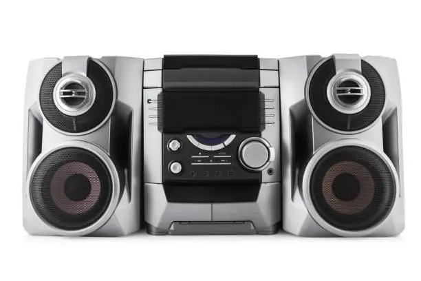 Compact stereo system cd and cassette player isolated with clipping path on white background.
