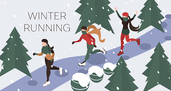 Isometric flat 3d illustration winter running .Girls and women run in winter  park. Snowing, cold weather. Winter sport uniform: buff, jersey, sneakers. Girl listening to music and to do jogging