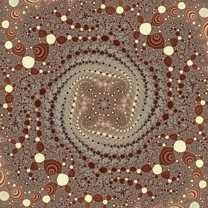 Deep zooming into a fractal pattern frequently reveals more and more complexity. There are probably more than 100 spiral patterns in this mathematical landscape, a sort of spiral mania that resolves itself into a carpet-like pattern. The predominant colours are cream and brown, and the shape / format is square.