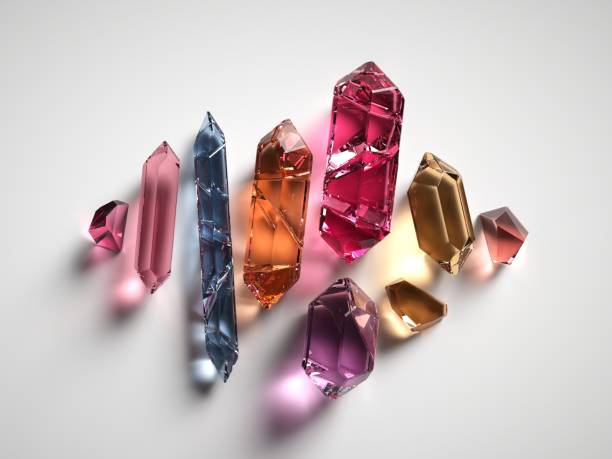 3d 렌더링, 모듬 컬러 영적 결정 semiprecious 보석, faceted 보석, 거친 말도, 석 영을 치유 하는 reiki 흰색 배경에 고립 - 크리스탈 뉴스 사진 이미지