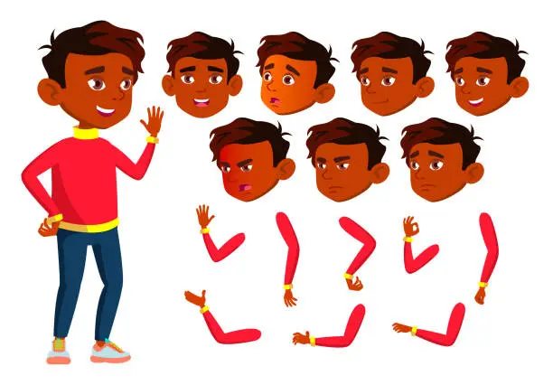 Vector illustration of Indian Boy, Child, Kid, Teen Vector. Happy Childhood. Hindu. Face Emotions, Various Gestures. Animation Creation Set. Isolated Flat Cartoon Character Illustration