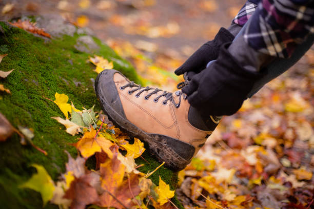 istock Hiking boot on colorful fall leaves 1091365402