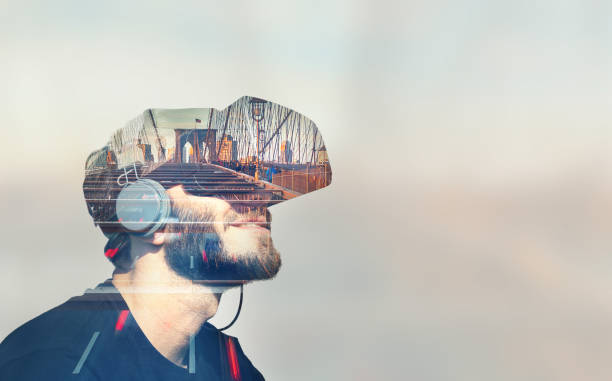 Double Exposure Virtual Reality Double Exposure Virtual Reality Headset virtual reality point of view photos stock pictures, royalty-free photos & images