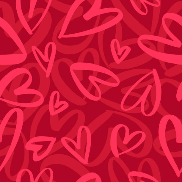 bezszwowy romantyczny wzór z ręcznie rysowanymi czerwonymi sercami. kolorowe doodle serca na czerwonym tle. gotowy szablon do projektowania, pocztówki, druk, plakat, impreza, walentynki, vintage tekstylia. - walentynki stock illustrations