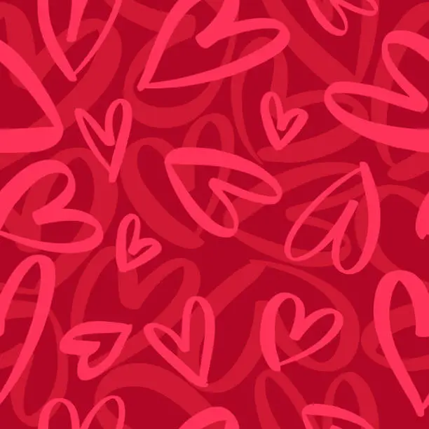 Vector illustration of Seamless romantic pattern with hand drawn red hearts. Colorful doodle hearts on red background. Ready template for design, postcards, print, poster, party, Valentine's day, vintage textile.