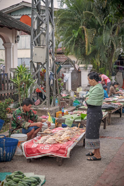Morning market, Luang Prabang, Laos - December 11, 2018: Market selling fresh chicken at the morning market in a street in Luang Prabang, the former capital of Laos