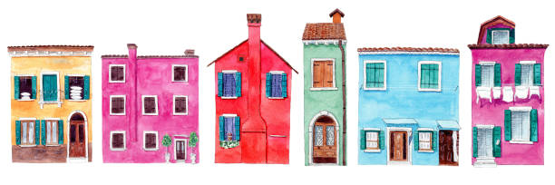 ilustrações de stock, clip art, desenhos animados e ícones de set of watercolor colorful illustration of a houses from burano - house residential structure multi colored burano