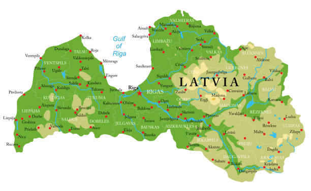 ilustrações, clipart, desenhos animados e ícones de mapa físico de letónia - jelgava