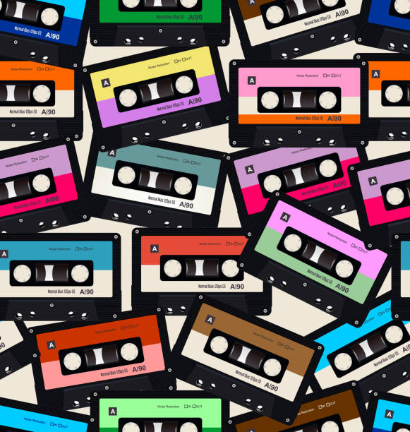 ilustraciones, imágenes clip art, dibujos animados e iconos de stock de patrón sin fisuras con antiguos casetes de audio colores de fondo - personal cassette player