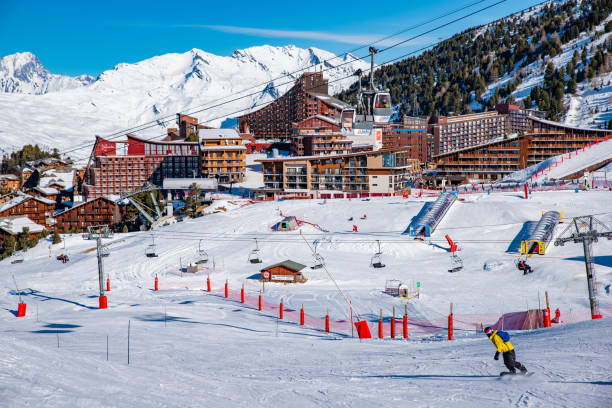 Ski resorts and ski fields in Les Arcs 2000 with Mont Blanc as background, Savoie, France, Europe stock photo
