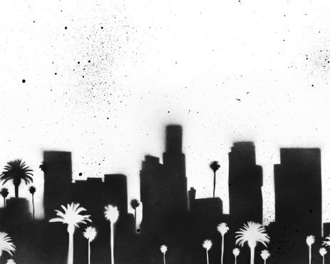 Authentic spray-painted stencil design of the Los Angeles skyline. A nice alternative for an edgy, urban Los Angeles background. Complete with lots of overspray, texture, and contrast.  