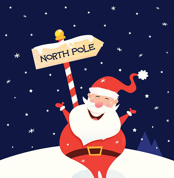 ilustraciones, imágenes clip art, dibujos animados e iconos de stock de feliz navidad santa con polo norte de señal - pole sign north north pole