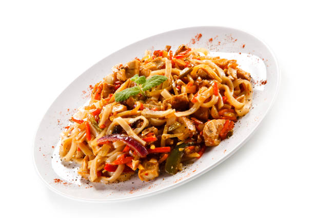istock Noodles with meat on white background 1091392276