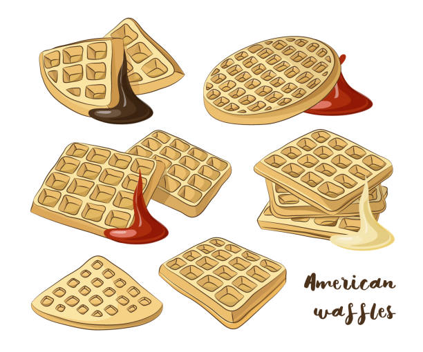 ilustrações, clipart, desenhos animados e ícones de ilustração em vetor de vários waffles americanos. - waffle breakfast syrup plate