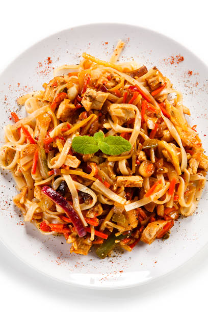 istock Noodles with meat on white background 1091392510