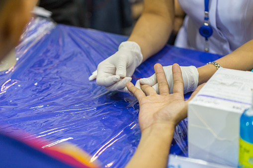 Fingertip Sampling Nurse Keep Tiny Drop Of Blood Sample From Fingertip For Testing Testing ...