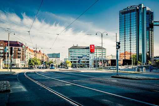 Gothenburg, Sweden - May 26, 2018: Scene of tram trackway in morning with Gothia Tower in background